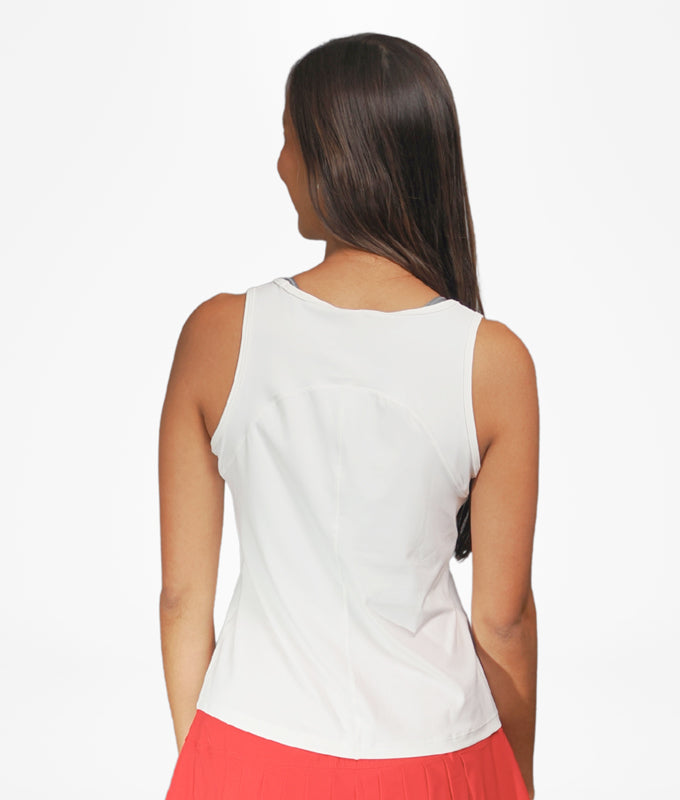 Polera Ibiza blanca sin mangas para mujer, vista posterior