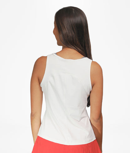 Polera Ibiza blanca sin mangas para mujer, vista posterior